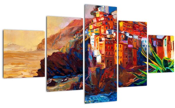 Obraz - Vesnice na pobřeží Cinque Terre, Italská riviéra, moderní impresionismus (125x70 cm)