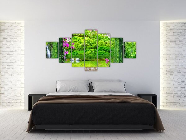 Obraz - Kouzelná zahrada s labutěmi (210x100 cm)