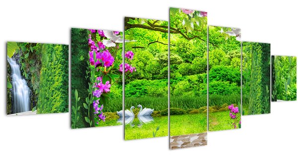 Obraz - Kouzelná zahrada s labutěmi (210x100 cm)