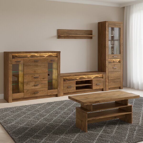 Obývací stěna INDIANAPOLIS s | sestava A | 330 cm + stolek 120x60 cm | jasan světlý