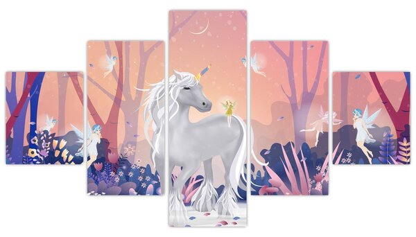 Obraz - Jednorožec v magickém lese (125x70 cm)