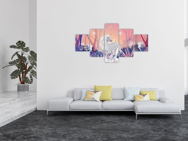 Obraz - Jednorožec v magickém lese (125x70 cm)