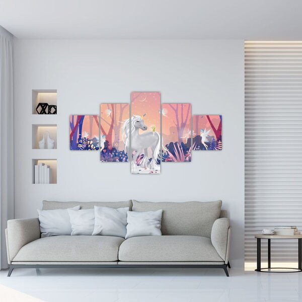 Obraz - Jednorožec v magickém lese (125x70 cm)