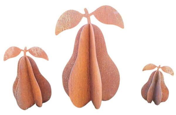 Kovová zahradní dekorace Hruška 3D střední 47 cm corten
