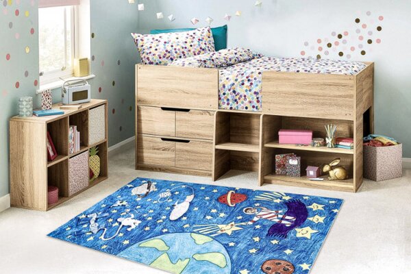 Dětský koberec protiskluzový BAMBINO 2265 Kosmos, raketa modrý