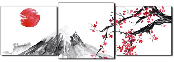 Obraz na plátně - Tradiční sumi-e obraz: sakura, slunce a hory - panoráma 5271D (90x30 cm)