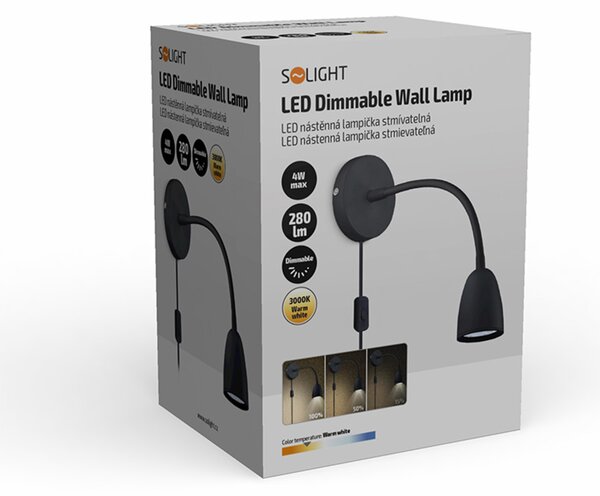 Solight LED nástěnná lampička, stmívatelná, 4W, 280lm, 3000K, černá WO54-B
