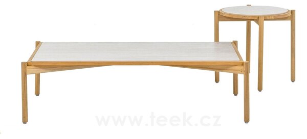 Apple Bee Odkládací stolek St Lucia Teak, Apple Bee, kulatý 55x49 cm, rám teak, deska keramika dekor Travertino white