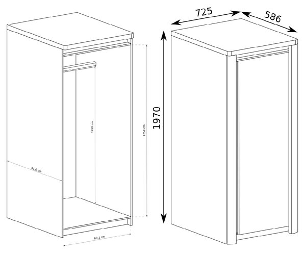 LIVINIO | šatní skříň L-2 s policí a šatní tyčí | 72,5 cm | ribbeck/bílá lesk