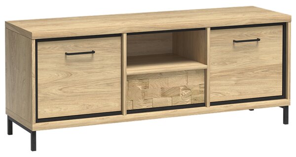 MEDIOLAN | TV stolek M12 se zásuvkou a policemi + dekorační deska + KOVOVÉ NOŽIČKY | 139 cm | natural hikora