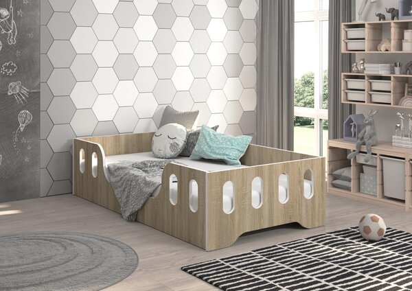 Dětská Montessori postel LAKI 140x70 cm + MATRACE - sonoma