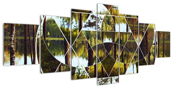 Obraz - Geometrická koláž na pozadí severských lesů (210x100 cm)