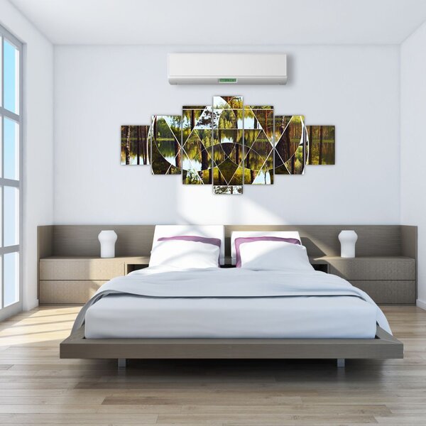 Obraz - Geometrická koláž na pozadí severských lesů (210x100 cm)
