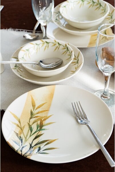 Jídelní sada 18 ks bílá/zelená/žlutá/porcelán