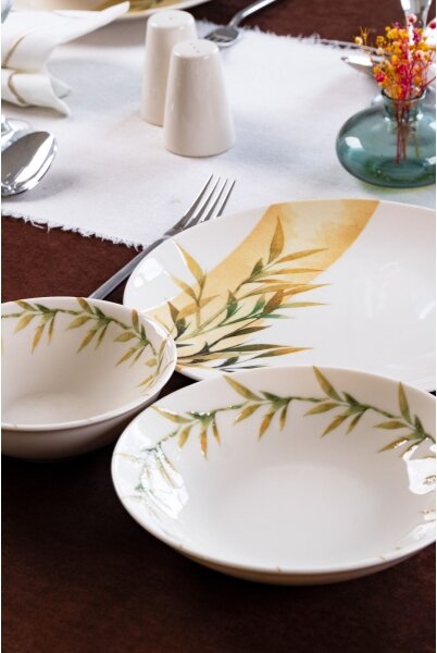 Jídelní sada 18 ks bílá/zelená/žlutá/porcelán