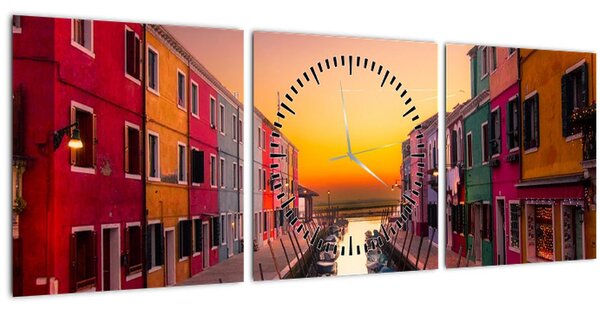 Obraz - Západ slunce, ostrov Burano, Benátky, Itálie (s hodinami) (90x30 cm)