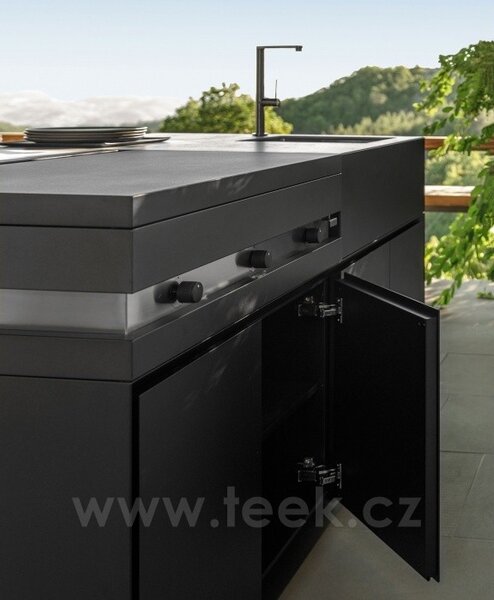 Talenti Kuchyňský modul s plynovým grilem, dřezem a pracovní deskou Tikal, Talenti, 240x60x90 cm, černá lakovaná dvířka, keramická deska světle šedá