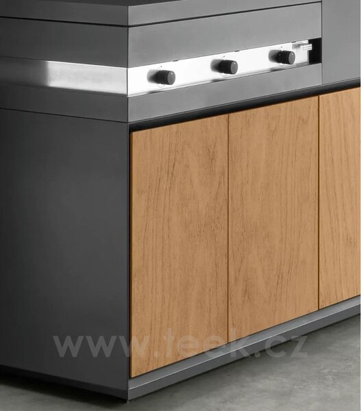 Talenti Kuchyňský modul s plynovým grilem, dřezem a pracovní deskou Tikal, Talenti, 240x60x90 cm, černá lakovaná dvířka, keramická deska světle šedá