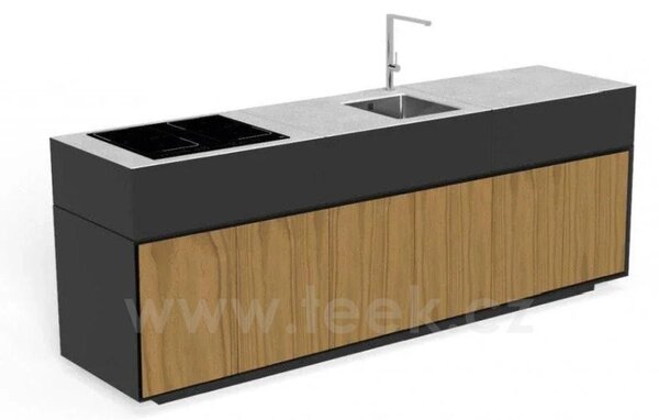 Talenti Kuchyňský modul s plynovým grilem, dřezem a pracovní deskou Tikal, Talenti, 240x60x90 cm, černá lakovaná dvířka, keramická deska světle šedá