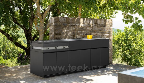 Talenti Kuchyňský modul s plynovým grilem, dřezem a pracovní deskou Tikal, Talenti, 240x60x90 cm, černá lakovaná dvířka, keramická deska světle šedá