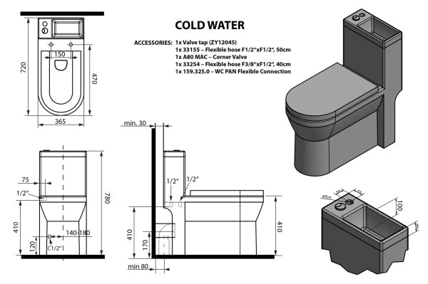 Aqualine - WC kombi s umyvadlem HYGIE keramika/bílá
