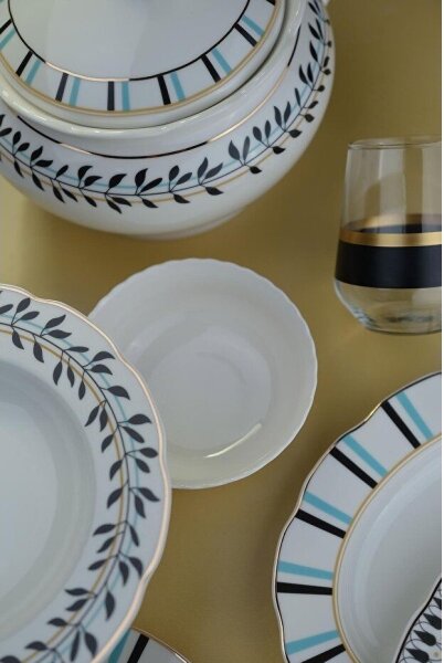 Jídelní sada 62 ks bílá/modrá/černá/porcelán
