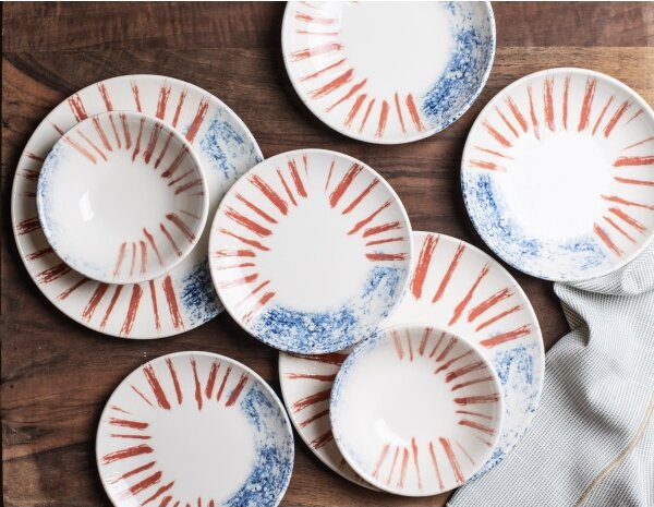 Jídelní sada 24 ks bílá/červená/modrá /porcelán