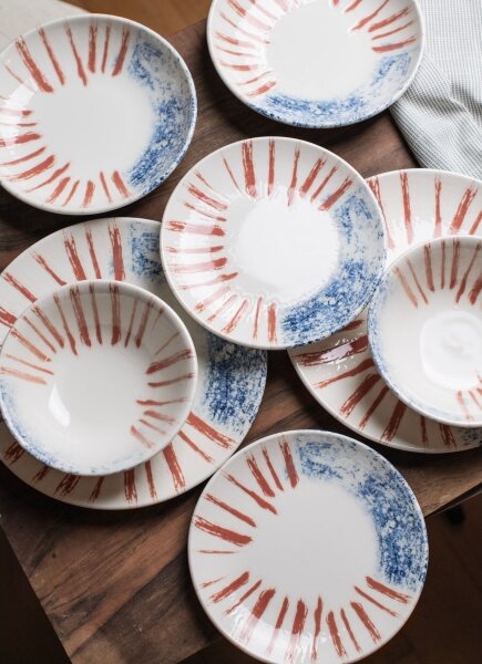 Jídelní sada 24 ks bílá/červená/modrá /porcelán