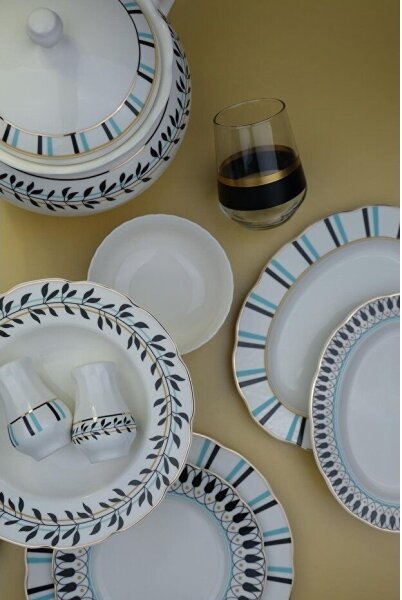 Jídelní sada 62 ks bílá/modrá/černá/porcelán
