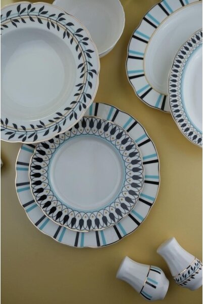 Jídelní sada 62 ks bílá/modrá/černá/porcelán