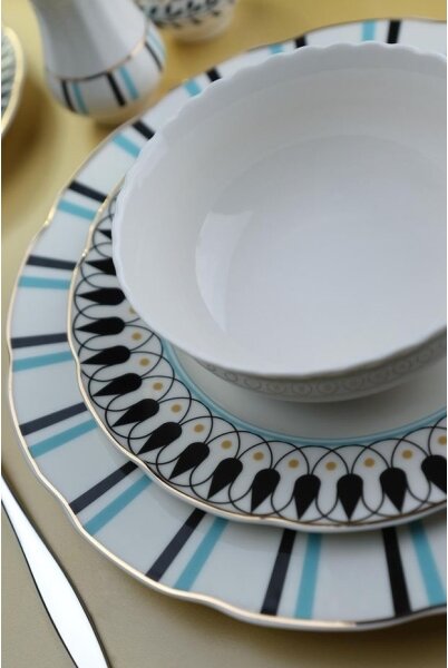 Jídelní sada 62 ks bílá/modrá/černá/porcelán