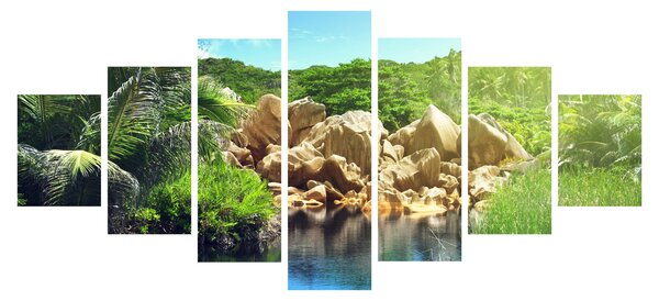 Obraz jezera v Seychelské džungli (210x100 cm)