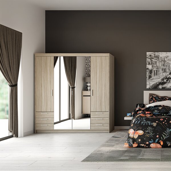 Šatní skříň ELENA 4D 6S + zrcadlo + 6x zásuvka | 176,3 cm | dub sonoma