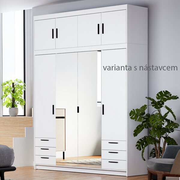 Šatní skříň ELENA 4D 6S + zrcadlo + 6x zásuvka | 176,3 cm | bílá