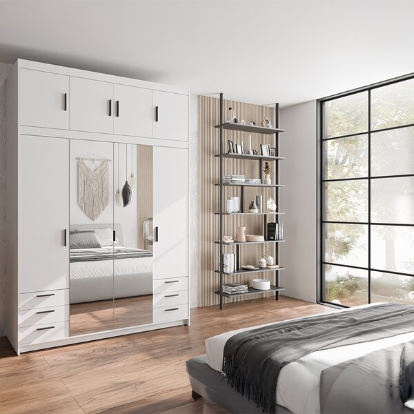 Šatní skříň ELENA 4D 6S + zrcadlo + nástavec + 6x zásuvka | 176,3 cm | bílá
