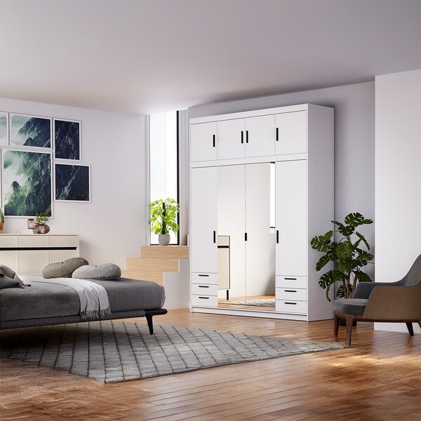 Šatní skříň ELENA 4D 6S + zrcadlo + nástavec + 6x zásuvka | 176,3 cm | bílá