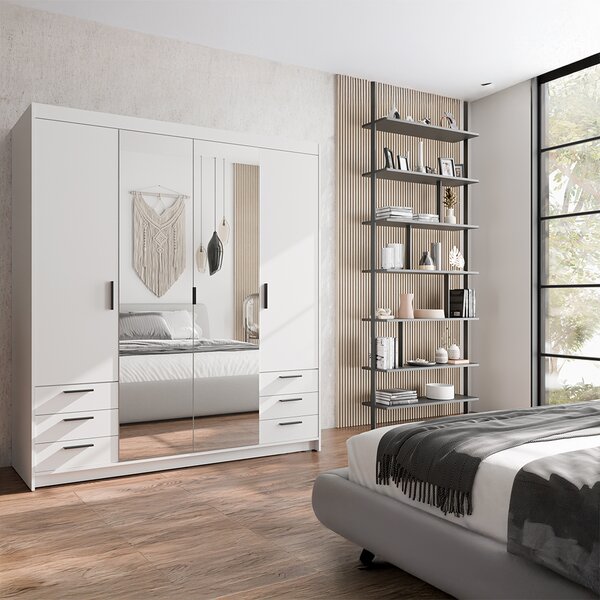 Šatní skříň ELENA 4D 6S + zrcadlo + 6x zásuvka | 176,3 cm | bílá