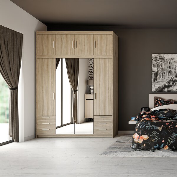 Šatní skříň ELENA 4D 6S + zrcadlo + nástavec + 6x zásuvka | 176,3 cm | dub sonoma