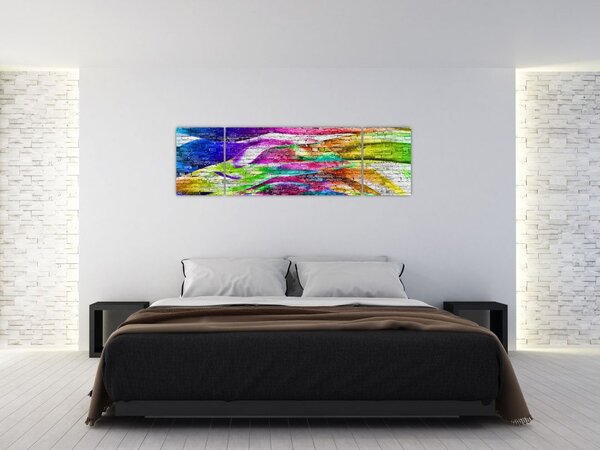 Obraz - Cihlová zeď s barevnými plameny (170x50 cm)