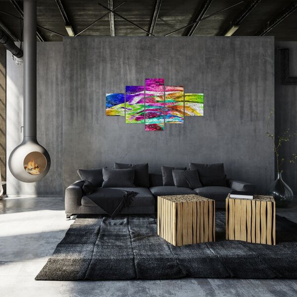 Obraz - Cihlová zeď s barevnými plameny (125x70 cm)