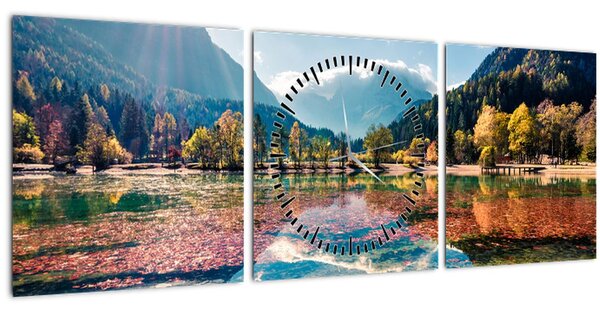 Obraz - Jezero Jasna, Gozd Martuljek, Julské Alpy, Slovinsko (s hodinami) (90x30 cm)
