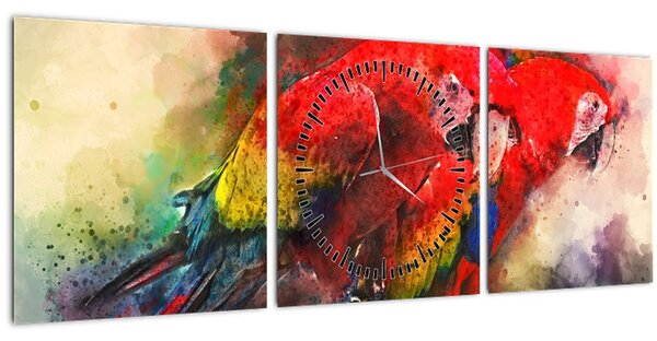 Obraz červených papoušků ara (s hodinami) (90x30 cm)