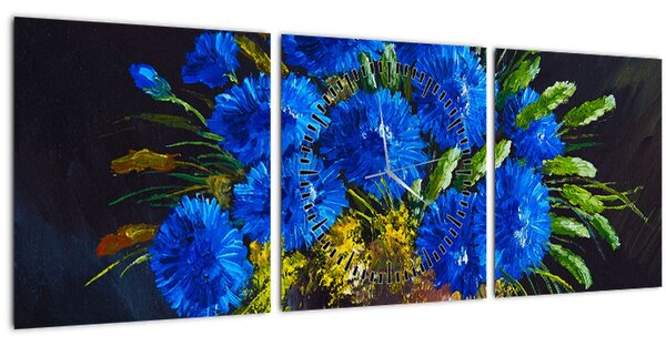 Obraz modrých květů ve váze (s hodinami) (90x30 cm)