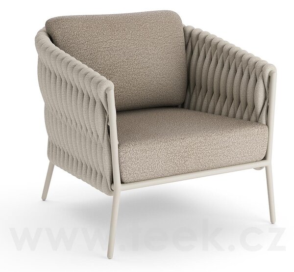 Jati Kebon Nízké křeslo Fortuna Socks, Jati Kebon, 77x89x83 cm, rám hliník barva dune mat, výplet barva linen 14 mm, sedáky venkovní látka Sunproof Jalousie Beige