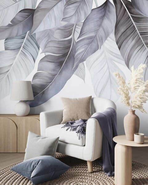 Fototapety Velké, světle modré banánové listy s detailními žilkami, texturovaný motiv, světlé pozadí, Tapety Unikátní, w09941v1 : uwalls.cz