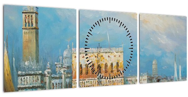 Obraz - Gondola projíždějící Benátkami, olejomalba (s hodinami) (90x30 cm)