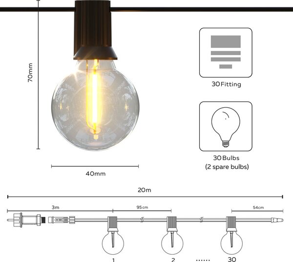 Calex solární LED světelná řetěz Vista, délka 20 metrů, IP44, stmívatelný, Černá, Plast