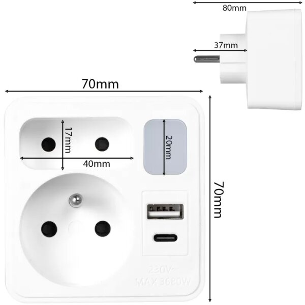 Rozbočovací zásuvka 2Z + USB-C + USB-A s LED osvětlením 0,5W/230V 3000K