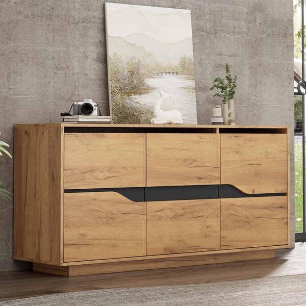 Sweiko 140x40x70 cm komoda do obývacího pokoje, příborník se 3 dvířky, jídelní skříň s nastavitelnými přepážkami, široké skříňky bez úchytek, univerzální odkládací skříňka k pohovce, barva dřeva + černá