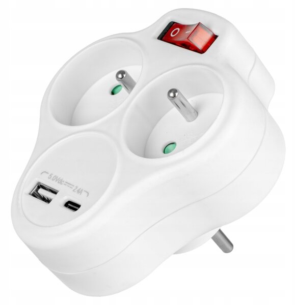 Rozbočovací zásuvka s vypínačem 2Z + USB-C + USB-A